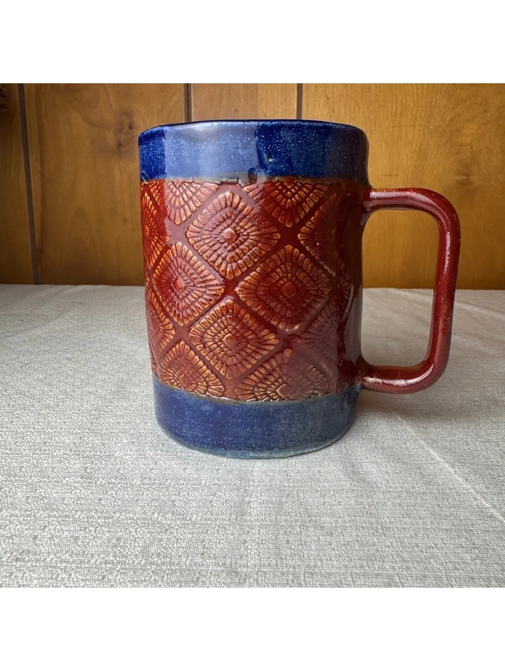 Studio Pottery Mug Red Blue Glaze Textured Geometric Design 4.75 Inch